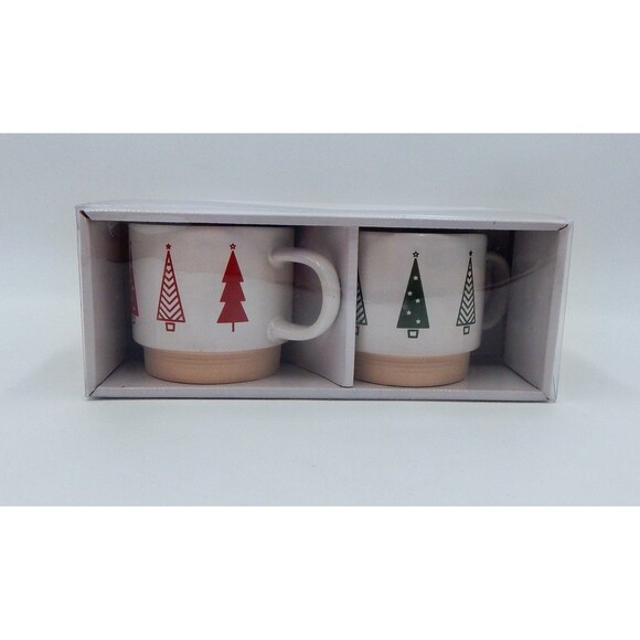 Thirstystone White Stoneware Christmas Trees Stackable Mugs Pair 10 Oz Green Red - Picture 1 of 5